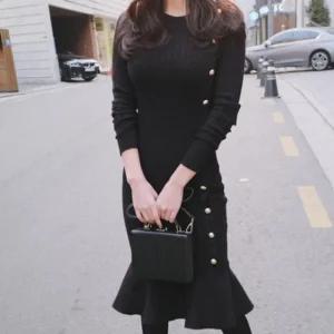 루즈핏니트 롱니트원피스 오피스 밑단프릴 벨트니트원피스 슬림핏 하객룩