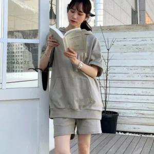 여성 루즈핏 반바지 세트 포켓 반팔 숏팬츠 셋업 후드
