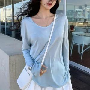 여자 데일리 무지 모달 브이넥 찰랑 긴팔티셔츠 기본