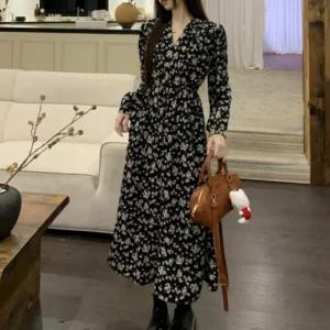 여성 나들이 꽃무늬 데일리 하객룩 롱원피스 원피스 긴팔 간절기 플라워 가을 데일리
