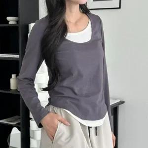 레이어드 배색 배색 L 모링 스퀘어넥 베이지티셔츠 봄가을티 레이어드티 여성티 긴팔