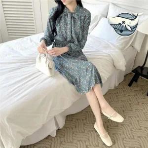 여자 가을 프릴 하객룩 프릴 드레스 쉬폰 봄가을 긴팔 결혼식 리본 봄 원피스 롱 쉬폰