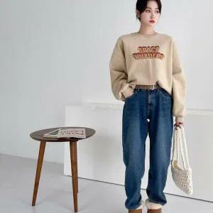 여자 배기핏 기모 가을 겨울 논스판 와이드 청바지_4