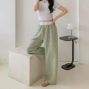 여자 지지미 주름 체크 와이드팬츠 휴가룩 바지_4