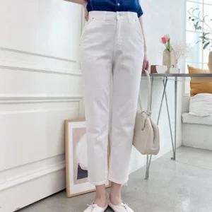 여자 아이보리 블랙 스판 배기핏 일자 면바지_4