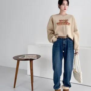 여자 배기핏 기모 가을 겨울 와이드 청바지_4