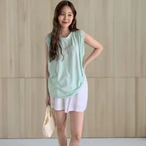 여자 레이온 스판 라운드넥 핀턱 셔링 민소매 티셔츠