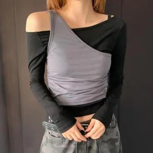 [하프클럽/]여성 레이온 나시 레이어드 오프숄더 긴팔 티셔츠