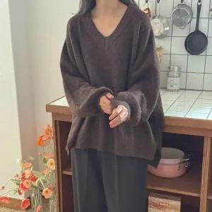[하프클럽/]여성 루즈핏 브이넥 벌룬 소매 긴팔 가을 니트