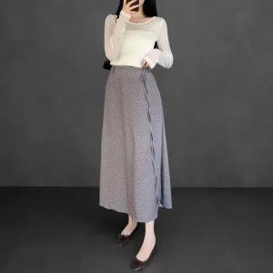 [하프클럽/]여성용 데일리 꽃무늬 A라인 롱스커트 허리끈 포함