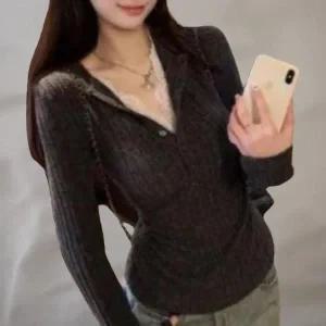 [하프클럽/]여성 레이어드 헨리넥 슬림핏 긴팔 티셔츠 레이스 디자인