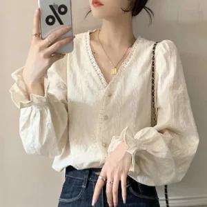 여성 V넥블라우스 캐쥬얼셔츠 오피스룩 프릴소매 루즈핏 클래식 블라우스