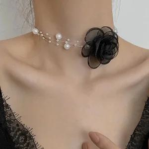 여성 진주 장미 코사지 로맨틱 초커 (WFJUVVX)