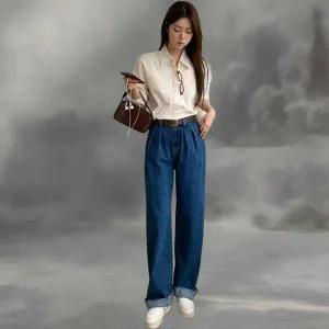 |KHP8F8F|여성용 코튼 더블핀턱 와이드핏 뒷밴딩 청바지