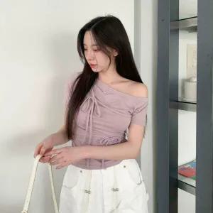 여자 레이온 더블 스트랩 오프숄더 셔링 반팔 티셔츠_4