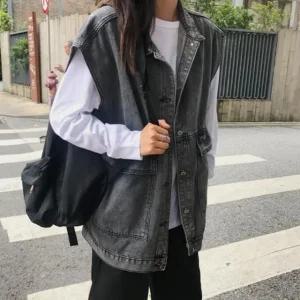 고품질 여자 간절기 캐주얼 루즈핏 브랙진 데님조끼 청조끼 (WFK2IS3)