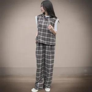 여성 캐주얼 체크 면 루즈핏 후드 조끼