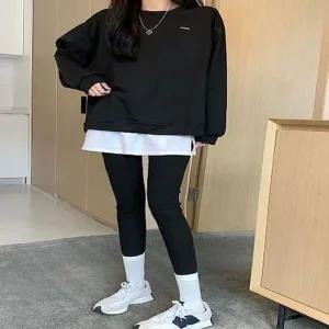 민망한 힙 라인 커버 레이어드 페이크 무지 롱 티셔츠
