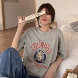 여성 반소매 U넥 나염 캐쥬얼 티