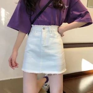 여성 화이트 데님 청치마 미니스커트 컷팅 디테일