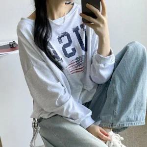 [하프클럽/]여자 박시핏 박시 FW 원숄더맨투맨 나염 티셔츠
