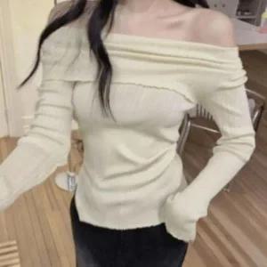 [하프클럽/]여성 러블리 언발 슬릿 긴팔 오프숄더 티셔츠