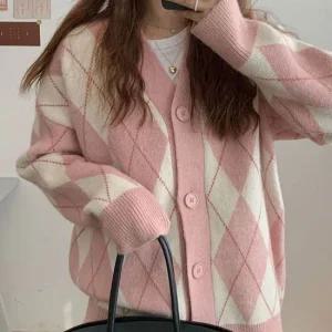 모던한 아가일 패턴 브이넥 캐주얼 여자 가디건 자켓