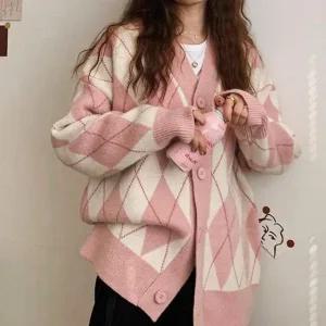 패턴 가디건 오버핏 아가일 브이넥 베이직 여성