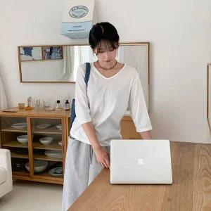 [하프클럽/]여성 무지 컬러 스판 8부 브이넥 골지 티셔츠
