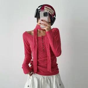 여성 봄 가을 스카프 타이 세트 단추 오프숄더 단가라 긴팔티 스트라이프 TS0938S
