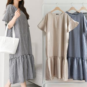 44-99 빅사이즈 체크 지지미 플레어 롱원피스 오버핏 캐주얼 꾸안꾸 임부복 등원룩