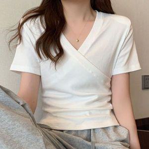 브이넥 여자 여름 랩스타일 반팔티셔츠 슬림핏 셔링 주름 언발란스 무지티 블랙 화이트 카키