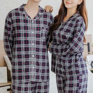 (제이지몰)체크 홈웨어 남성 여성 커플 카라 파자마 세트 봄 가을 피치기모 잠옷