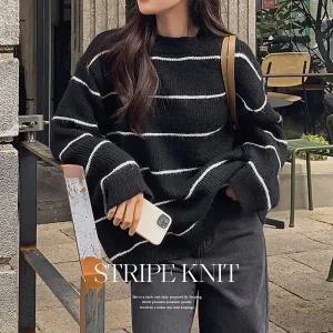 핫핑 [도톰니트/따뜻포근] 스튜 루즈핏 단가라 스트라이프 긴팔니트티