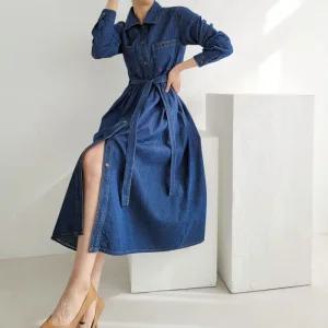 스콜라 벨티드 카라 데님 롱 청원피스 _S3808