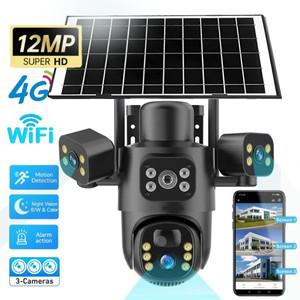 4G / WiFi 태양광 카메라 3렌즈 스크린 야외 12MP 6K 저전력 배터리 IP 카메라 PIR 야간 투시 CCTV 보안 보