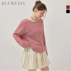 [블루레이스] 배색 라운드 줄지 루즈핏 티셔츠_B5F1TS6530