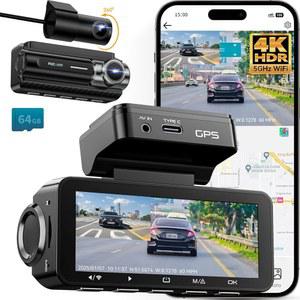 대시 캠 프론트 4K 내장 5G WiFi GPS, 음성 제어, 3.39인치 IPS 화면, 듀얼 카메라 차량용 64GB SD 카드, 슈퍼 나이트 비전, 24시간 주차 모니터, 슈퍼커패시터, 타입 C, HDR 포함