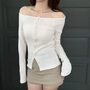 여자 레이온 슬림핏 골지 입술넥 긴팔 니트 가디건