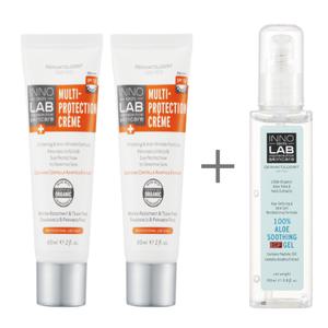 (정품행사)이노스킨랩 멀티프로텍션 유기농 선크림 60ml 2개+알로에수딩겔110ml 1개+핸드크림1개