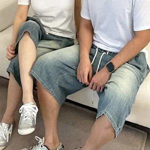 [옷자락]커플용 밴딩 워싱 여름 버뮤다 데님팬츠
