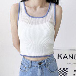 스탠다드 포인트컬러 컷 포커스레이디 잔골지 투톤 컴포트 뜨개탑 슬리브리스