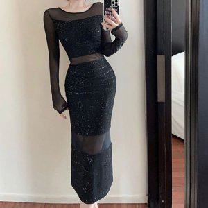 슬림핏 홀복 미디원피스 데일리룩 망사 연말룩