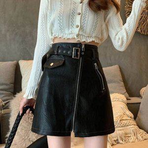 가죽스커트 A라인 코디 지퍼 벨트 A 검정색스