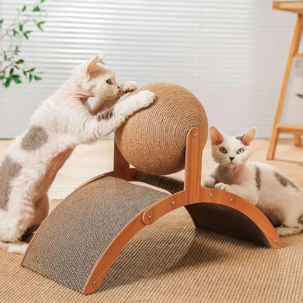 1PC 고양이 스크래쳐 볼 고양이 스크래칭 볼 스크래쳐 장난감 (고양이와 강아지용 공 포함), 인터랙티브 원목 스크래쳐 애완동물 장난감