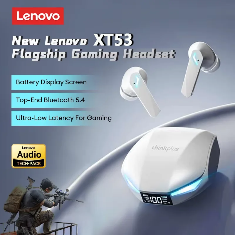 새로운 Lenovo XT53 무선 업그레이드 Bluetooth 5.4 이어 버드 LED 디지털 디스플레이 방수 이어폰 HD 통화 낮은 대기 시간 게임 헤드셋