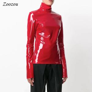 여성 반짝 이는 Faxu 가죽 플러스 사이즈 터틀넥 탑 지퍼 PVC 풀오버 블랙 레드 PU 가죽 4XL 5XL 6XL 의류