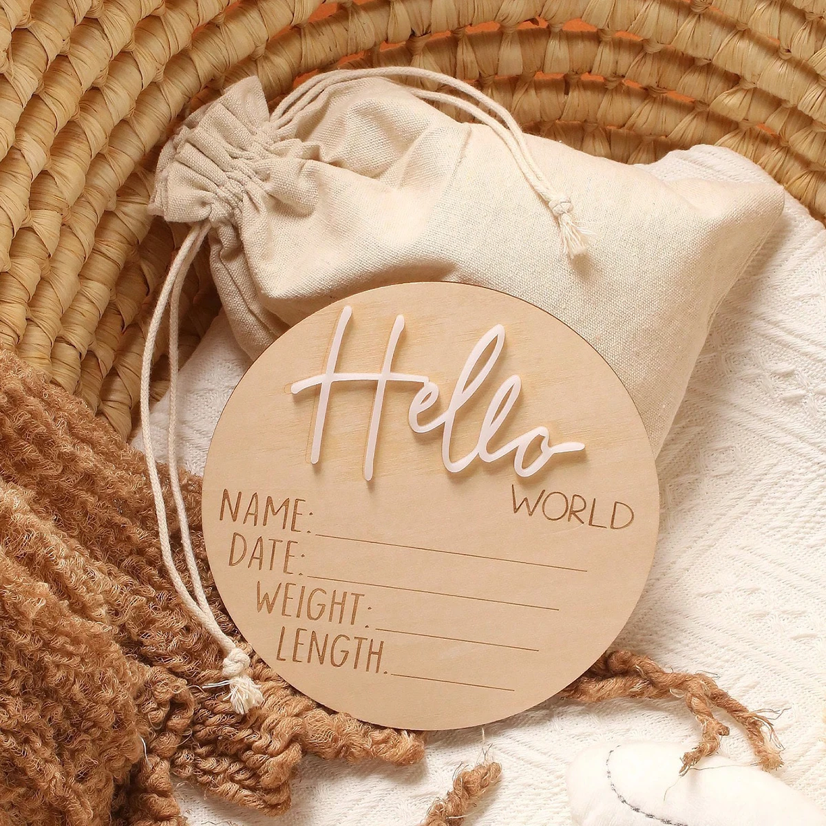 Ylsteed Hello World 신생아용 나무 사인, 병원 아기 이름 발표 사인, 신생아 유품 소품