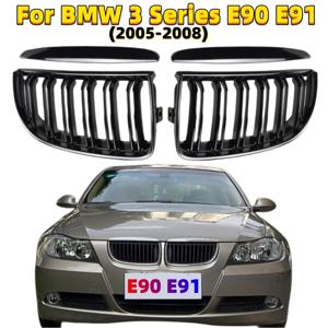 전면 키드니 그릴 자동차 앞 범퍼 그릴, 더블 슬랫 스포츠 키드니 그릴, BMW E90 E91 2005-2008 용, 글로스 블랙