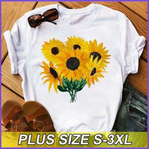 Plus Size T-Shirts Women's White Sunflower Print Tees Casual Youth Tops Loose and Breathable T-shirts Fashionable Commuter Wear
